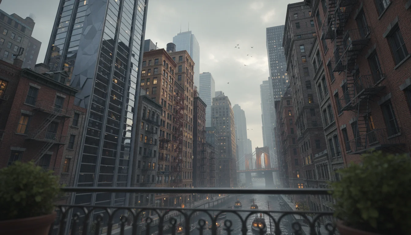 View from an urban balcony, looking up at tall surrounding buildings of glass and brick, with sturdy container plants in the foreground.