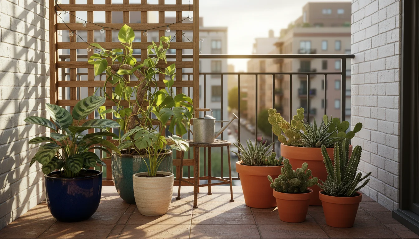 Urban balcony showing three distinct groups of container plants: succulents in terracotta pots, Pothos/Monstera in ceramic, and a Calathea in a blue p