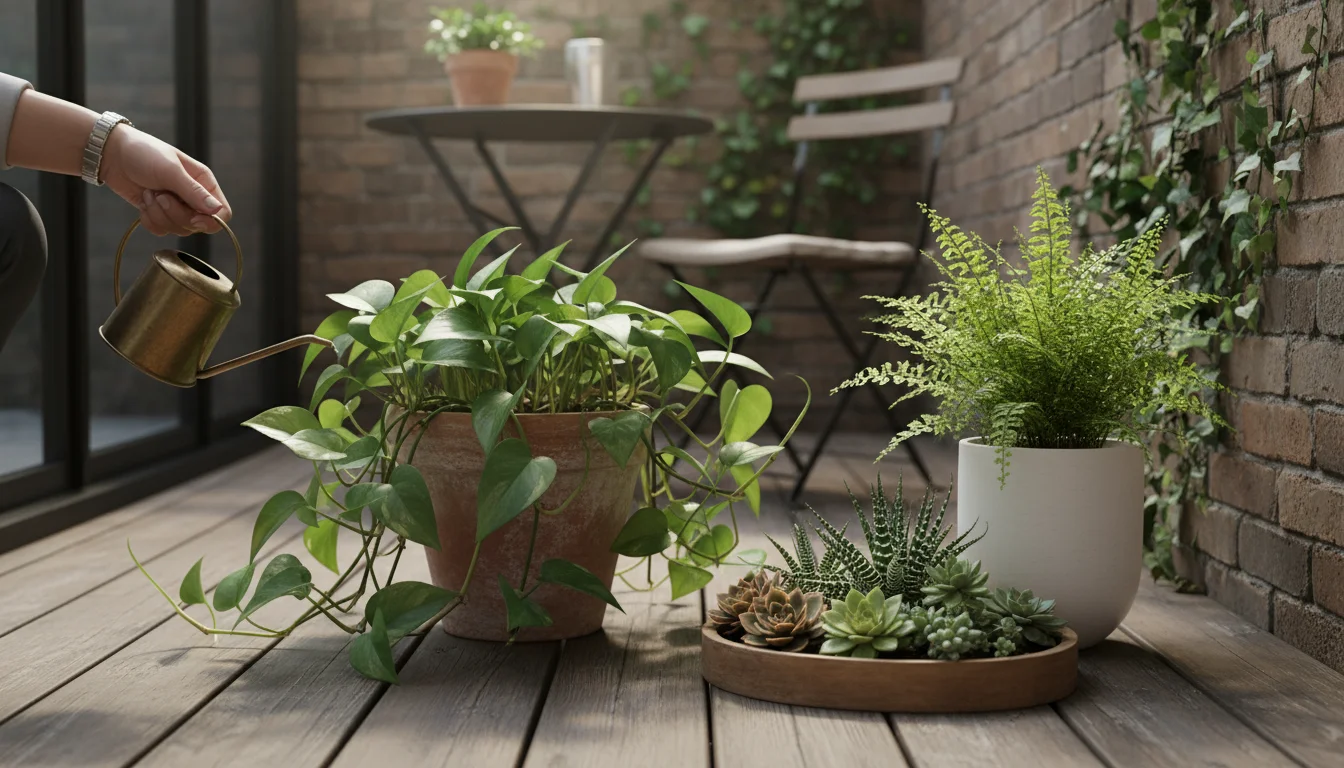 An urban balcony with three types of potted plants: a Pothos, a Maidenhair fern, and succulents. A hand gently touches the fern's soil.