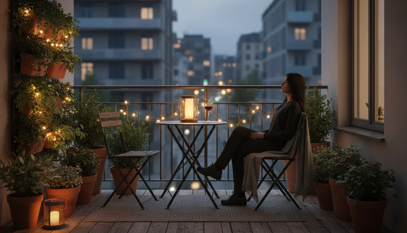 An urban balcony at twilight, illuminated by warm string lights and a solar lantern, creating a cozy outdoor room.