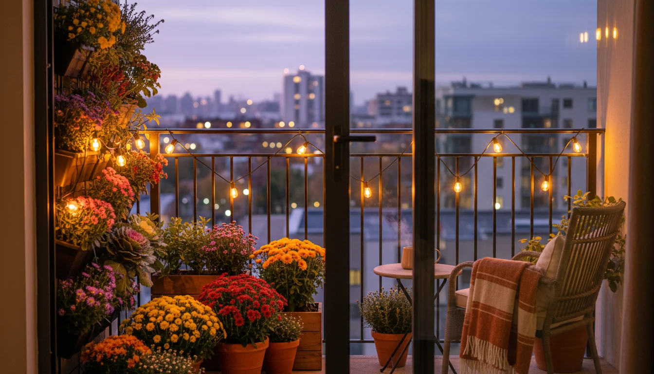 Urban balcony at twilight with warm amber Edison string lights draped on railing and vertical planter, illuminating fall plants.