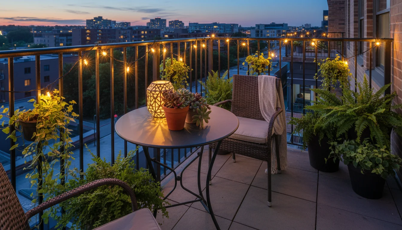 Urban balcony at twilight with warm string lights along railing, a solar lantern on a table, and solar stakes illuminating container plants.