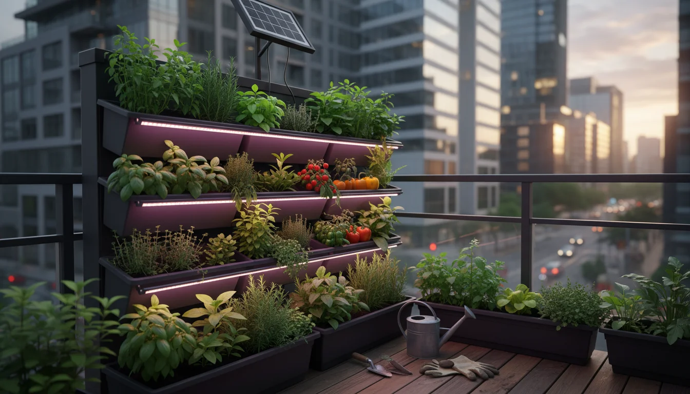 Urban balcony vertical garden with LED grow lights powered by a small solar panel. A person's hand adjusts a smart plug.