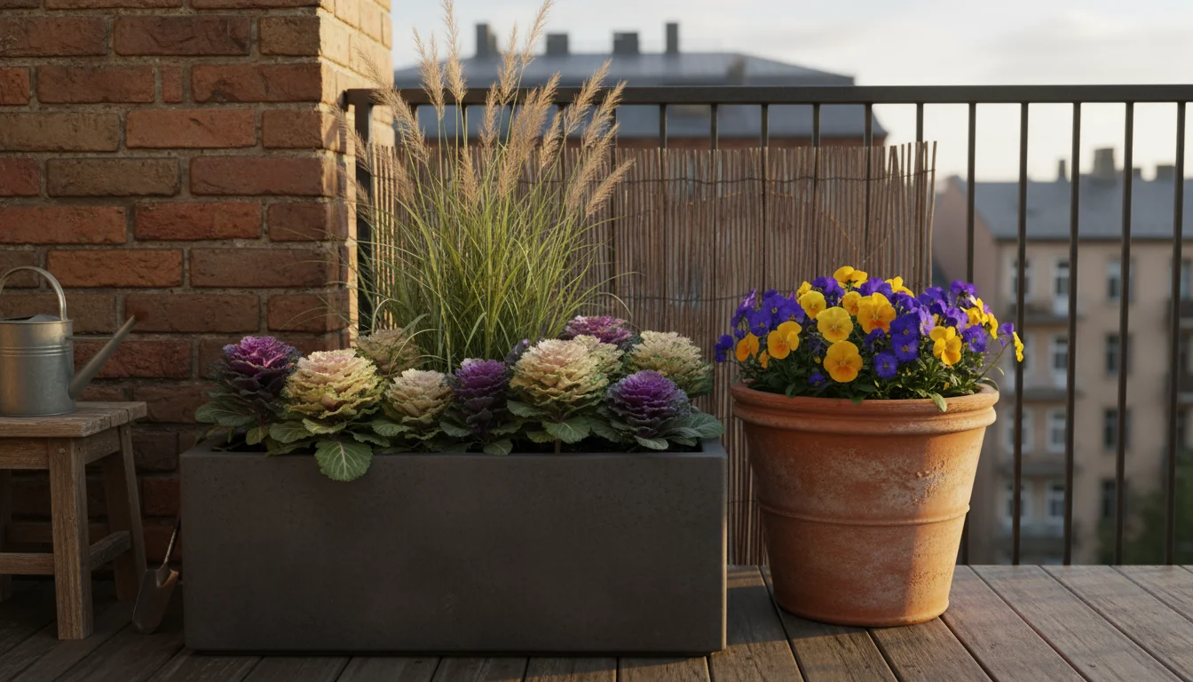 Urban balcony showing wind protection: a concrete planter with kale, sheltered ornamental grass by a wall, terracotta pot with pansies, and a securely