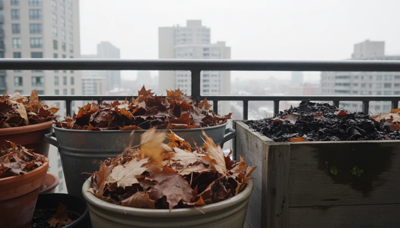 Urban balcony in winter, various pots. Some have wet leaves for insulation; lighter leaves on one pot are ruffled by wind.