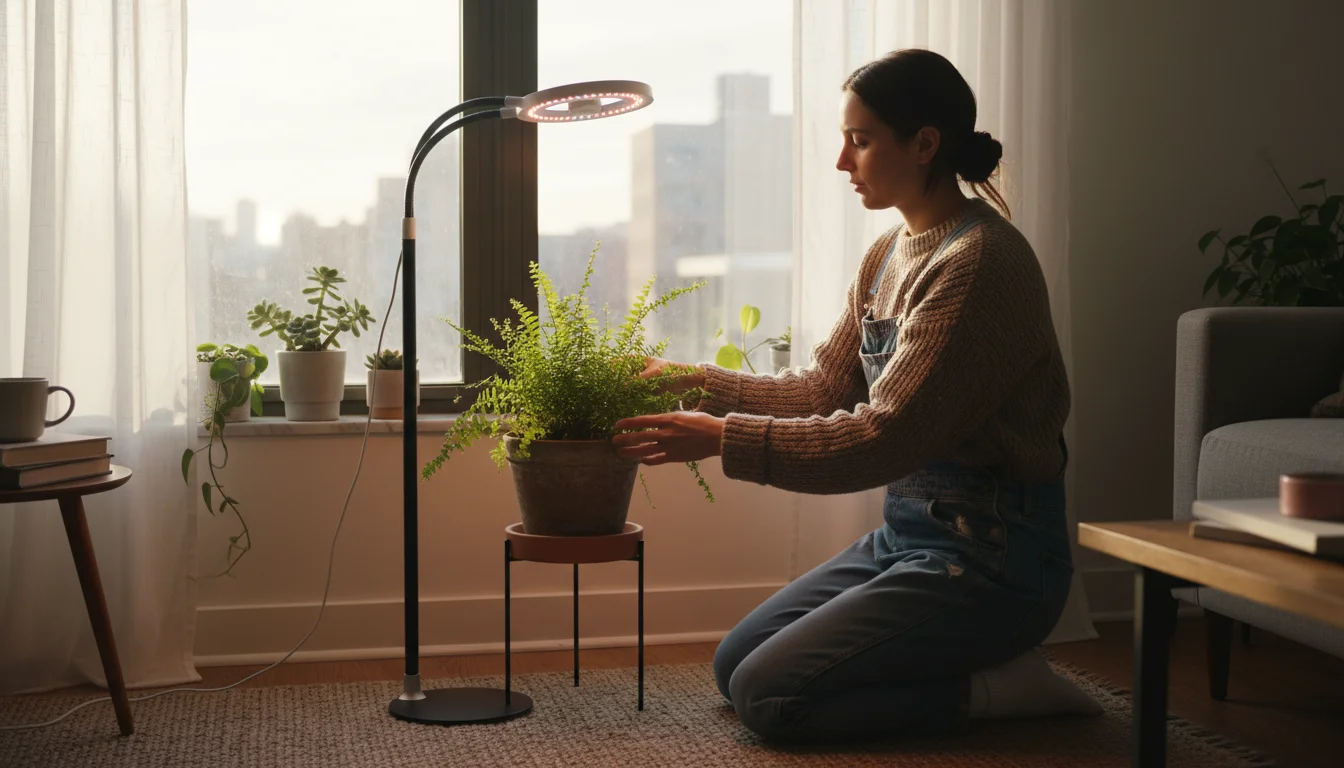 Urban gardener adjusting a clip-on LED grow light over a pale fern near a window in a bright apartment.