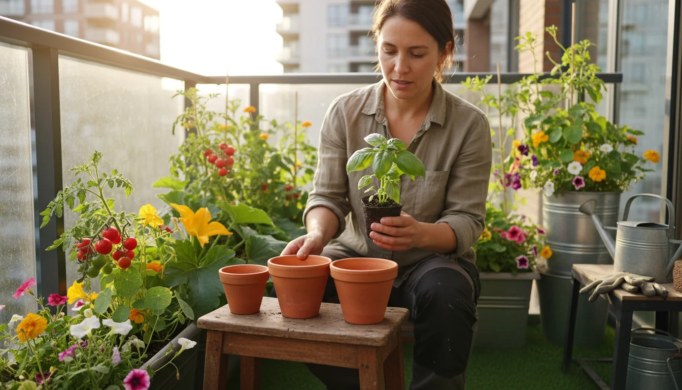 Urban gardener on a balcony comparing a basil plant to three different sized terracotta pots, thoughtfully assessing the right fit.