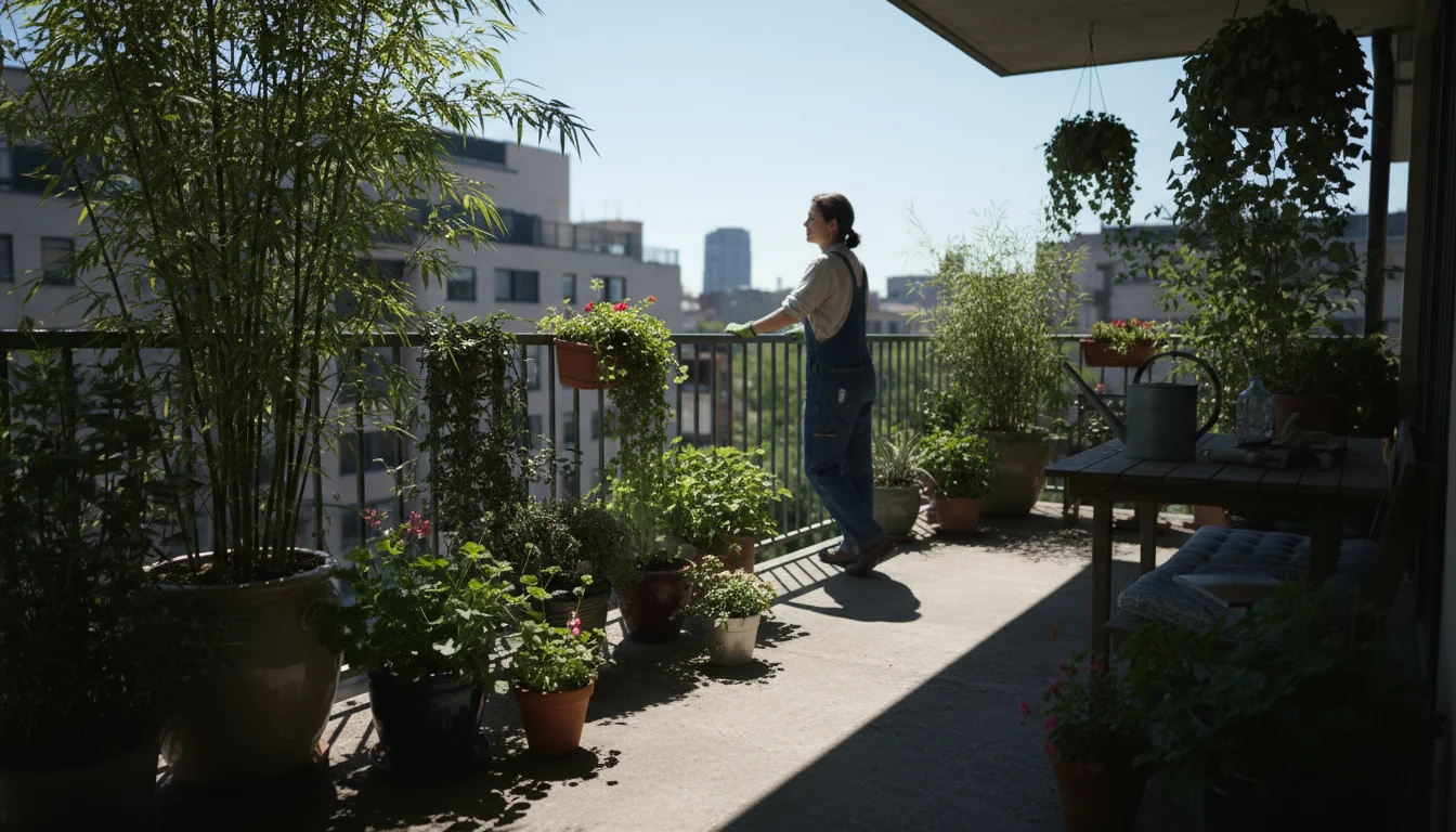 Urban gardener on a balcony, hand outstretched, assessing sun and shadow patterns across container plants, with empty seed trays in shade.