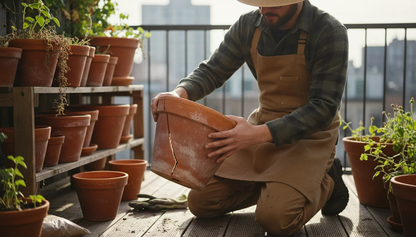An urban gardener closely inspects a terracotta pot on a balcony, revealing a prominent hairline crack from winter damage.