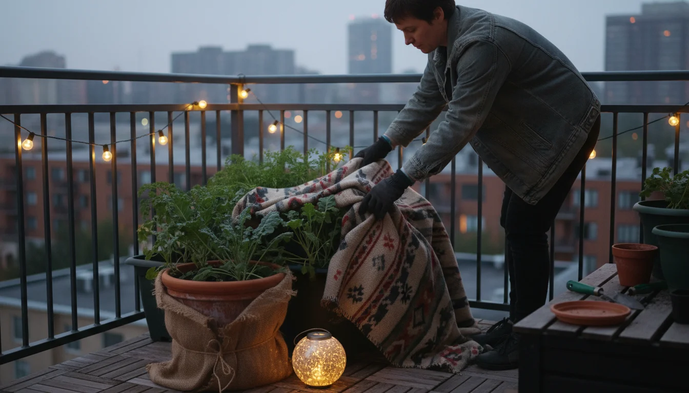 Urban gardener drapes a patterned blanket over potted kale and carrots on a balcony at dusk. An upturned cardboard box covers another plant.