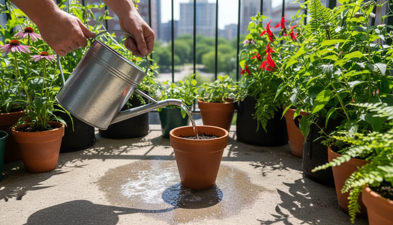 Urban gardener flushes a terracotta pot on a balcony, water draining, subtle salt crust visible. Lush container plants thrive nearby.