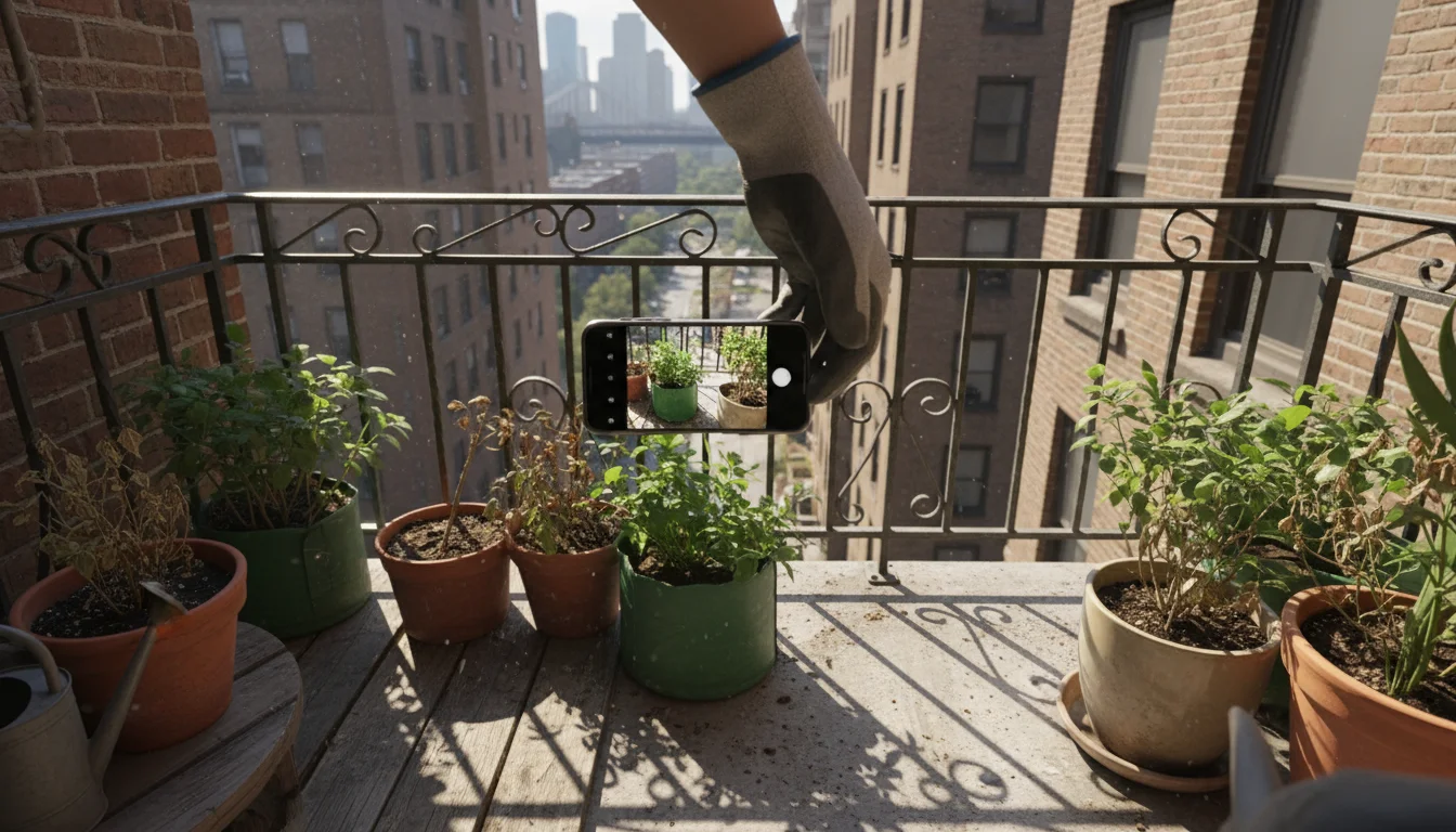 An urban gardener's hand holds a smartphone over balcony plants, observing sun and shade patterns on struggling containers.
