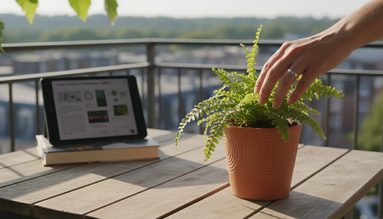 Urban gardener's hand gently inspects a slightly wilting Boston fern in a terracotta pot. An open gardening guide on a table is softly blurred behind.