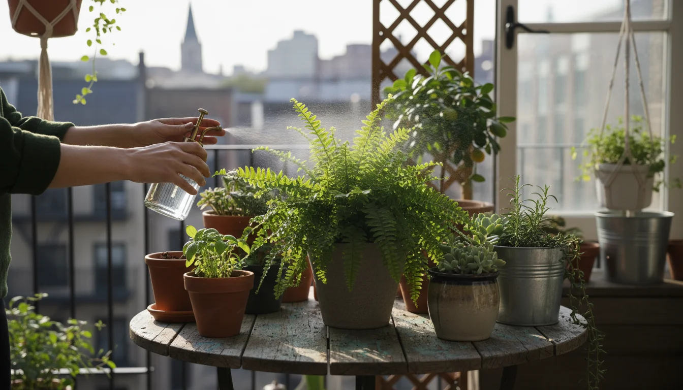 Urban gardener's hands gently mist a potted fern with a spray bottle on a balcony, surrounded by various container plants.