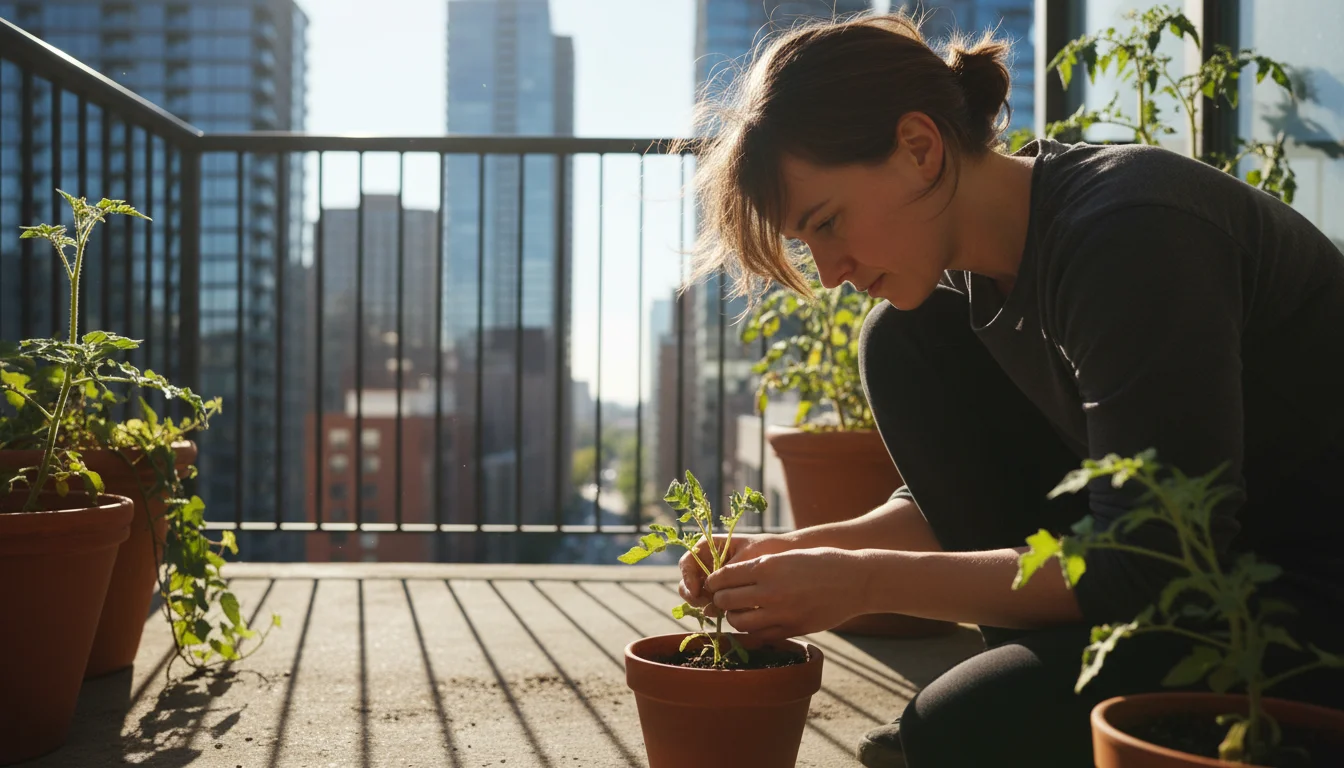 Urban gardener inspects a slightly wind-stressed seedling in a terracotta pot on a sunny balcony, surrounded by other container plants.