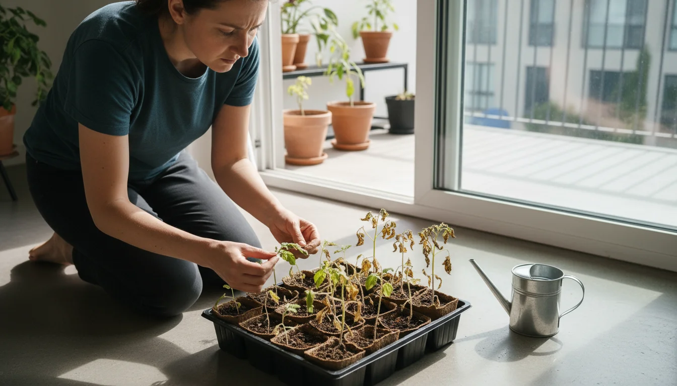 An urban gardener kneels, gently inspecting a tray of wilted, slightly scorched seedlings on an apartment floor, pulled from a sunny balcony door.