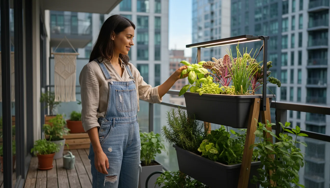 Urban gardener tending a multi-tiered planter with healthy herbs, illuminated by a warm white LED grow light on a balcony.