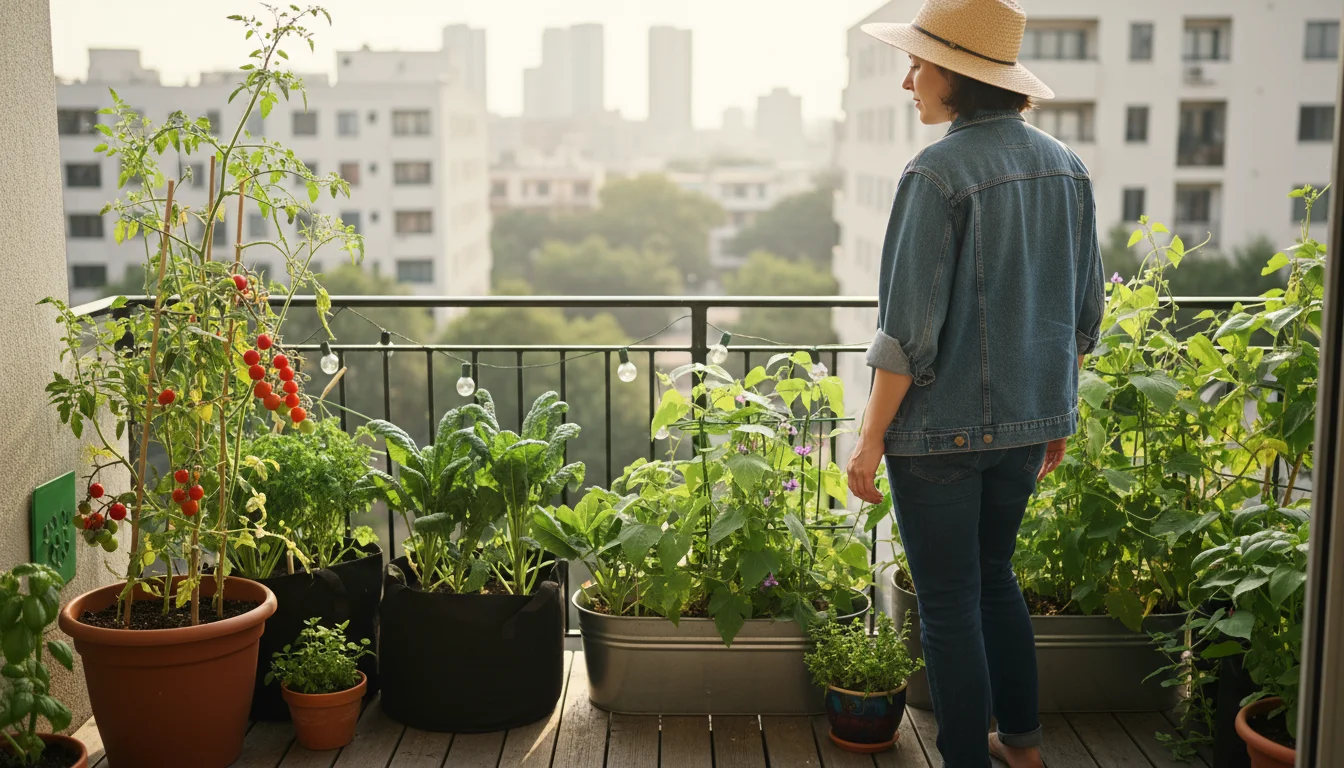 Urban gardener observing a diverse container garden on a sunlit balcony, featuring thriving plants and pots prepared for seasonal rotation.