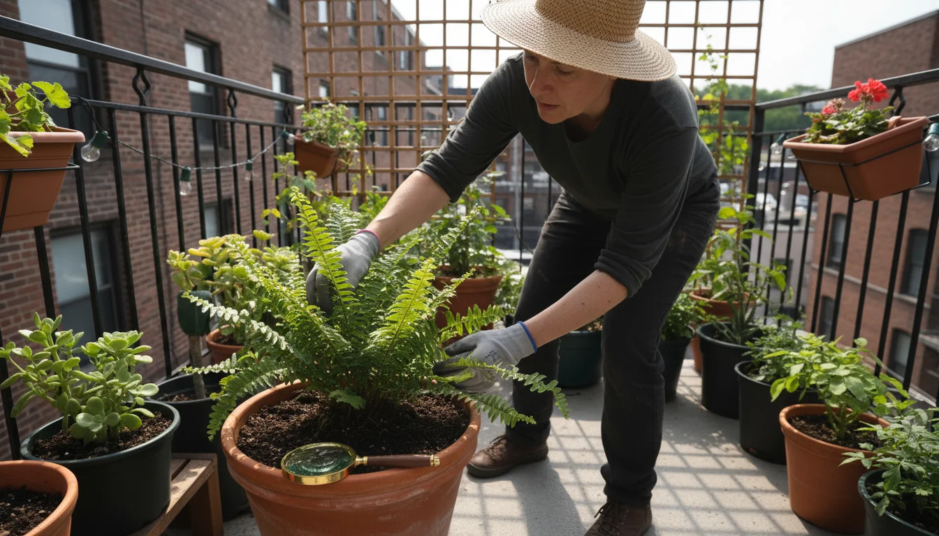 Urban gardener on a small balcony inspecting a potted Boston fern, gently turning a frond, with a magnifying glass on the pot.