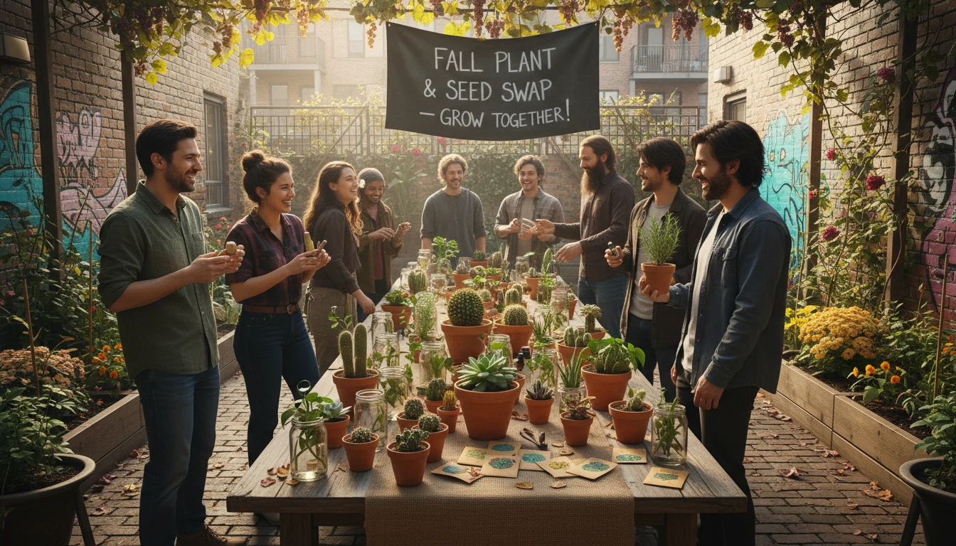 Urban gardeners on a bright patio, some holding tokens, actively swapping plants and seeds from a long, organized table.