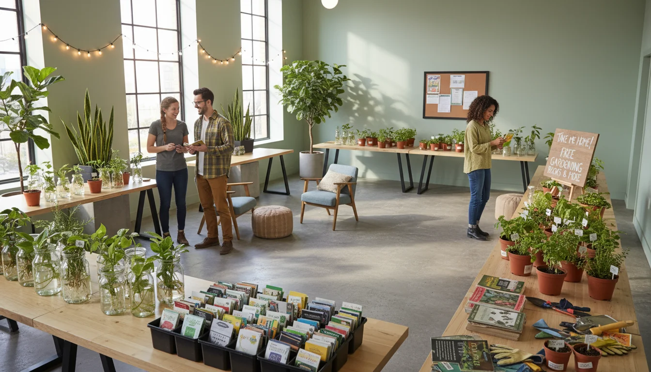 Urban gardeners mingle at an L-shaped table arrangement during a seed and plant swap, with designated zones for cuttings, seeds, and small potted plan