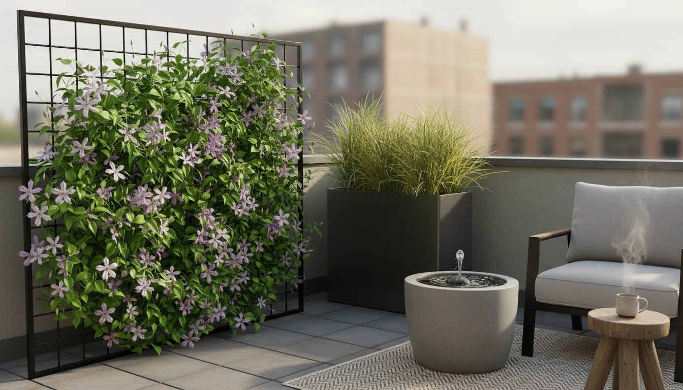 Urban patio with a black metal trellis covered in green vine, a tall planter with ornamental grass, and a small bubbling water feature.