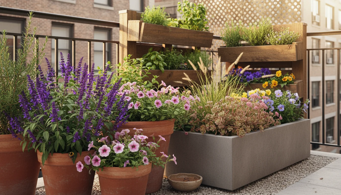 Urban patio container garden featuring diverse pots with Salvia, petunias, ornamental grass, sedum, herbs, and pansies, indicating continuous seasonal