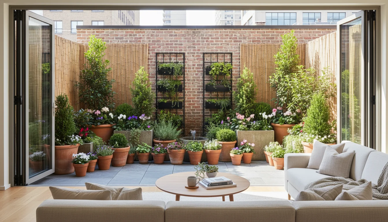 Urban patio container garden viewed from indoors, featuring diverse pots and vertical planters with year-round greenery and flowers.