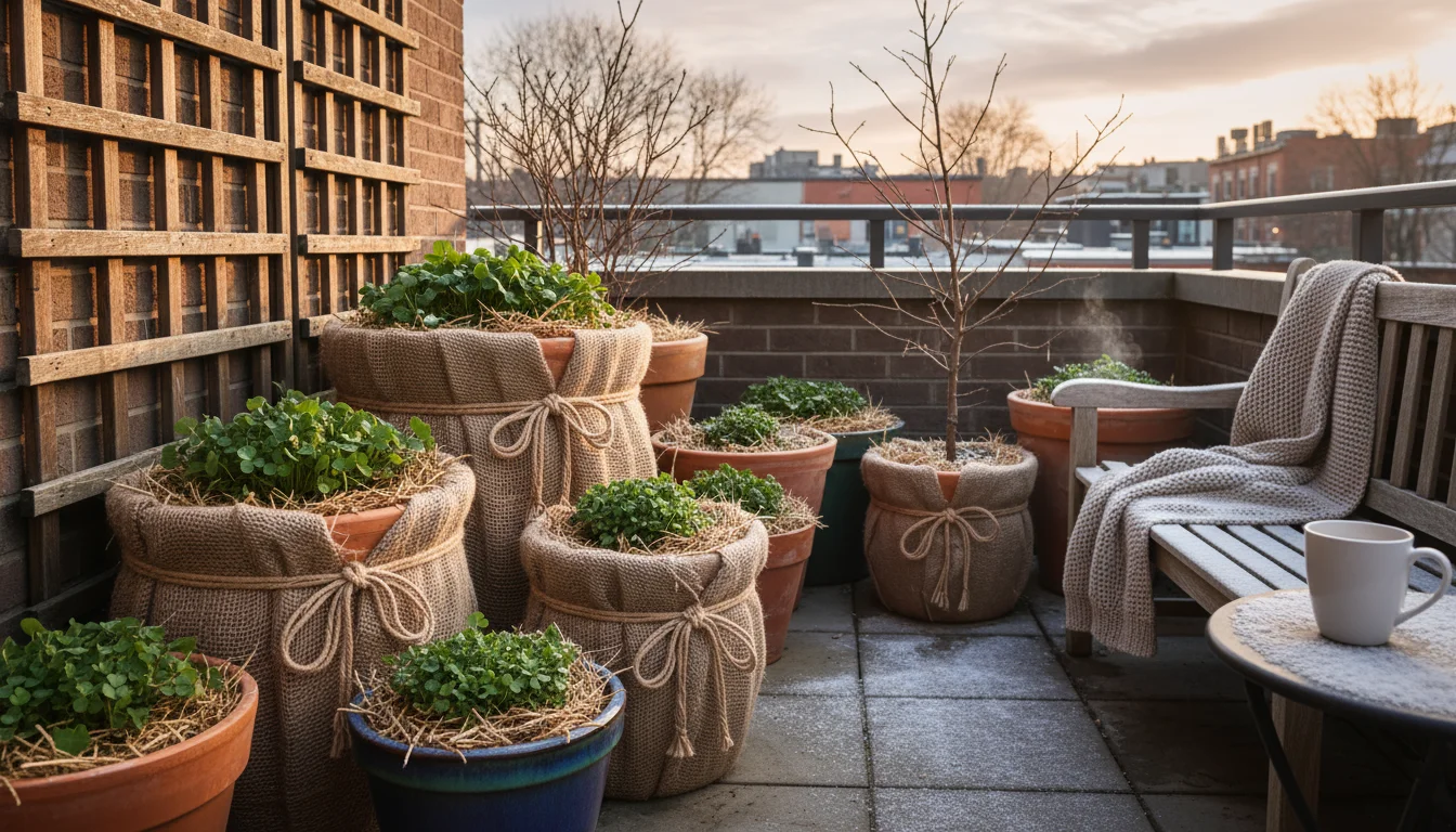 Urban patio containers clustered and wrapped in burlap for winter protection. Green cover crops peek from pots.