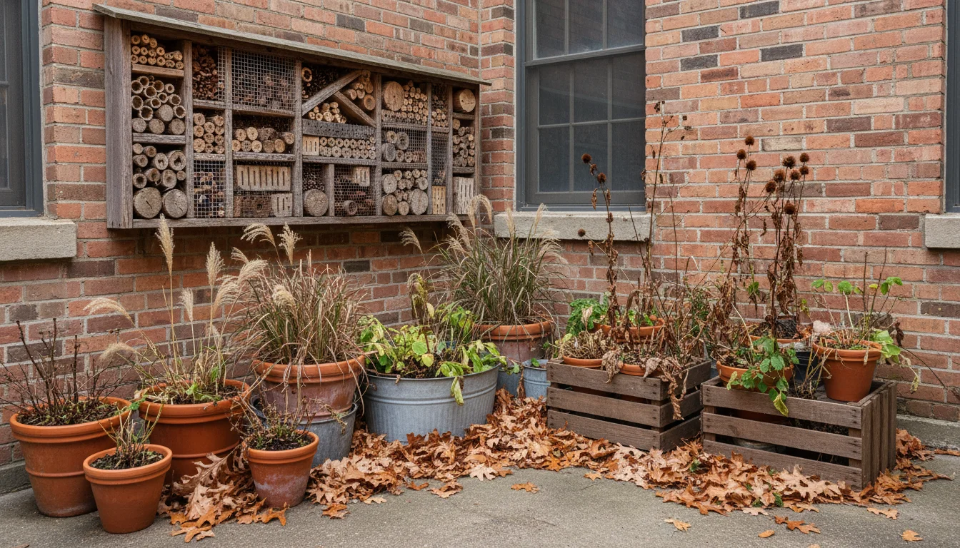 An urban patio corner with a rustic insect hotel, dormant plants in containers, and undisturbed leaf litter.