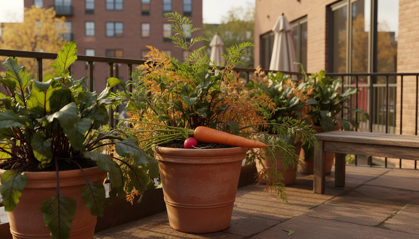Urban patio with deep pots of lush root vegetable greens (carrots, beets, radishes). A fresh orange carrot sits on soil, bathed in soft autumn light.
