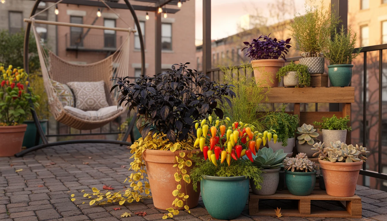 An urban patio displays autumn container gardens. Dark 'Black Pearl' peppers contrast with golden creeping jenny, while 'Chilly Chili' peppers blend w