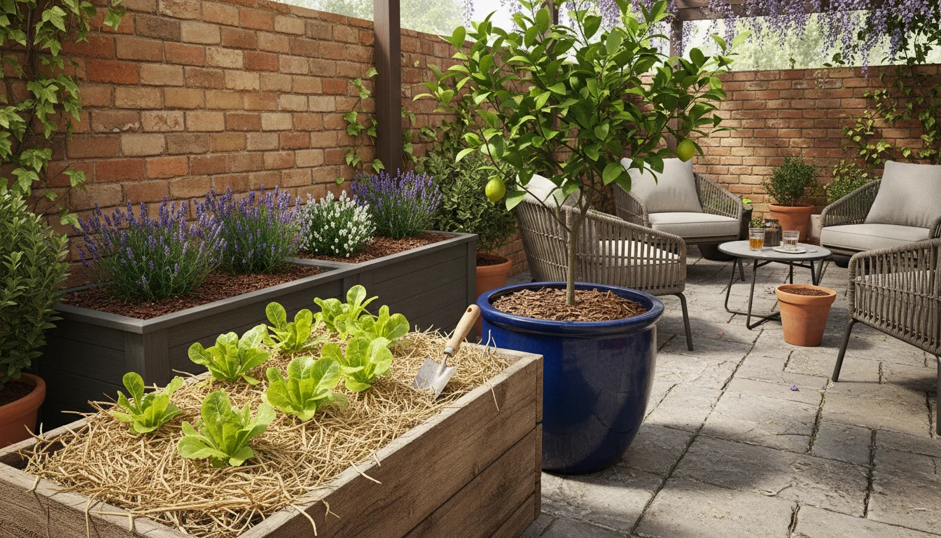 Urban patio with diverse container gardens using straw, shredded bark, and shredded leaves as mulch around plants.