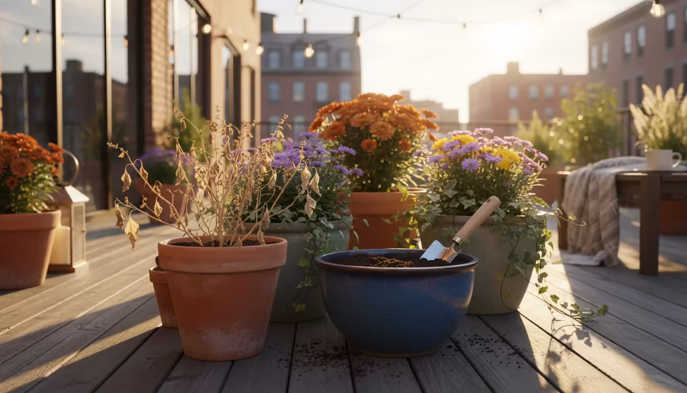 An urban patio garden at golden hour with faded summer herbs in one pot and fresh soil with a packet of cover crop seeds in another, signaling the ide