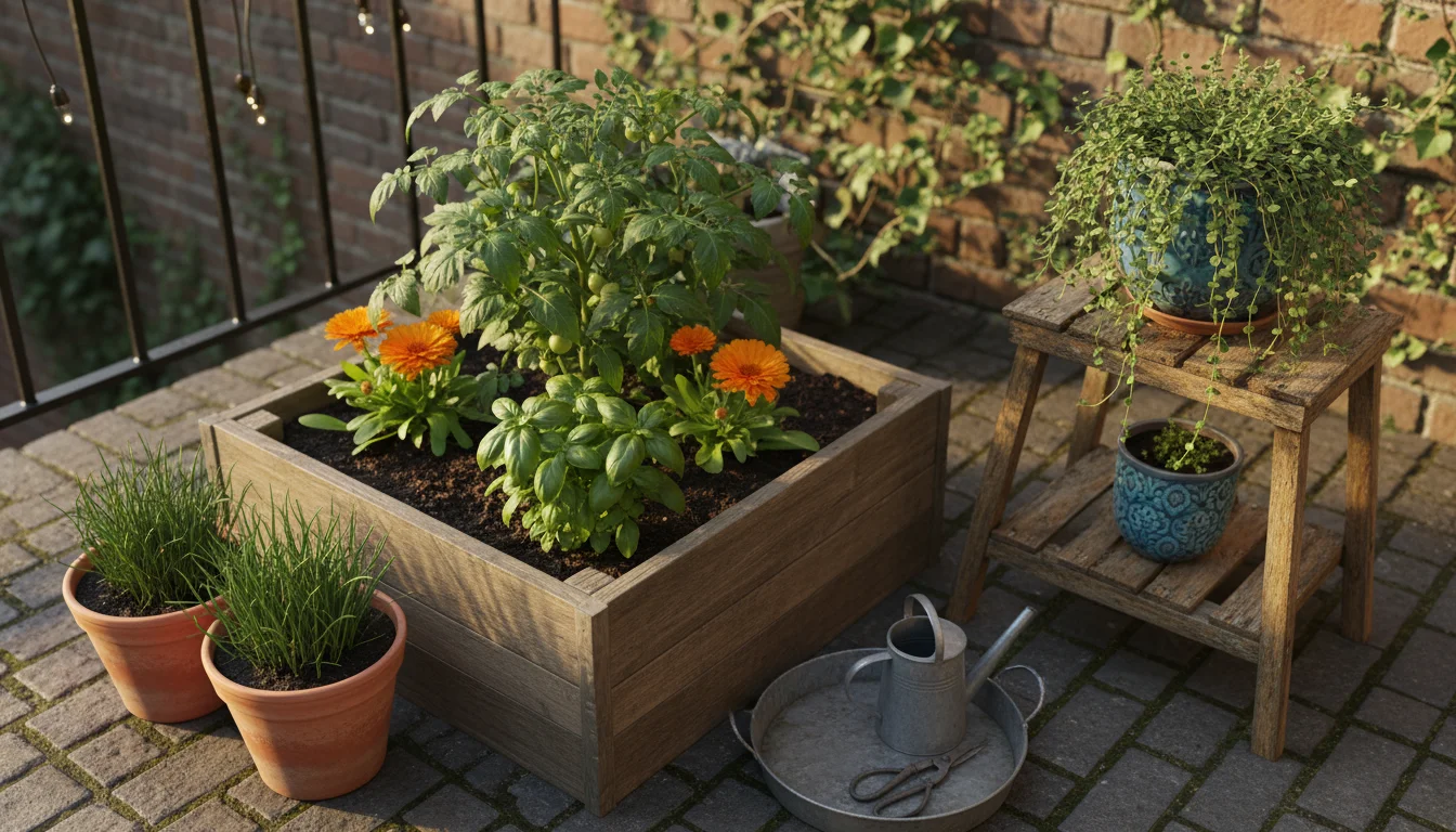 Urban patio garden with a raised bed holding a tomato plant, basil, and calendula, surrounded by herb pots on a tiered stand and a vertical planter.