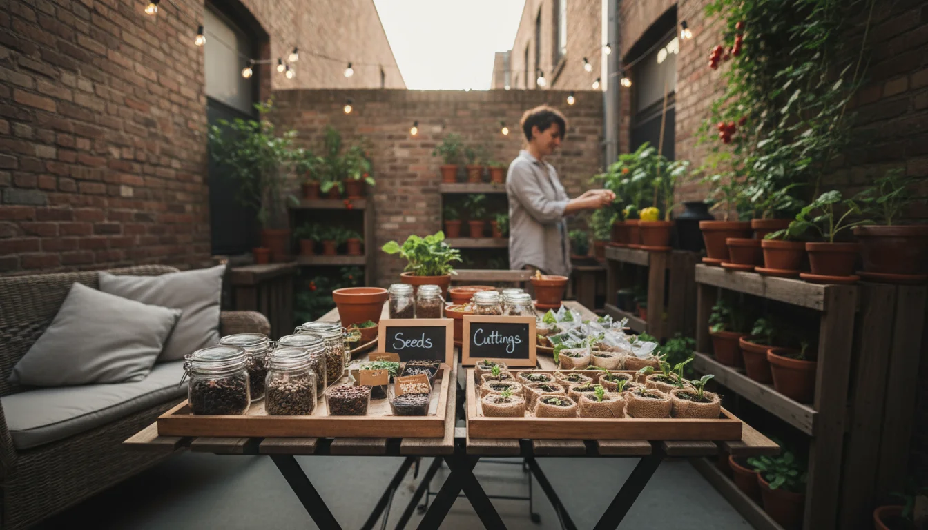 Urban patio table organized for a plant swap, with seeds in jars and cuttings in trays. A person arranges a vertical planter in the background.