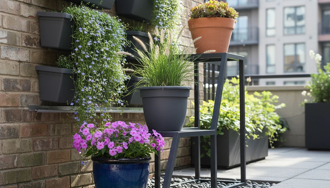Urban patio's tiered plant stand displaying various pots (glazed, plastic, terracotta) with native plants and wall-mounted planters, emphasizing verti