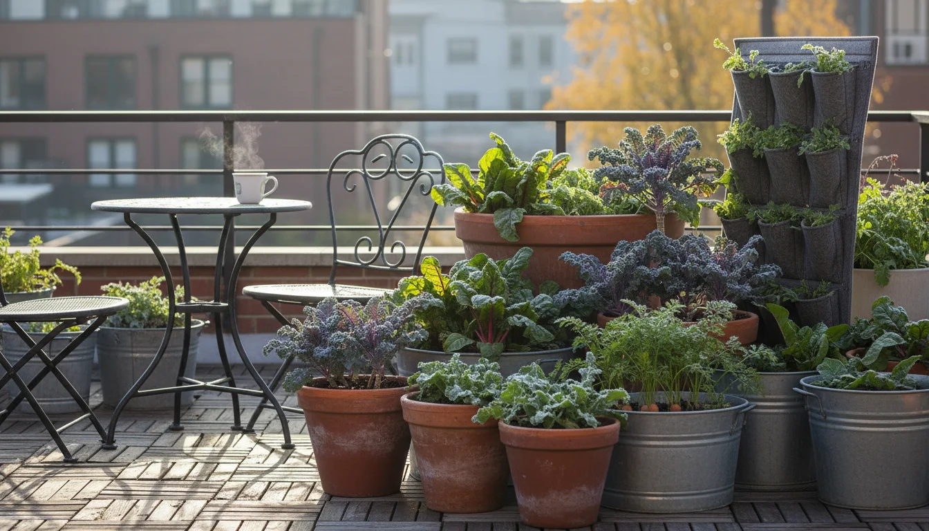 An urban patio with various container pots of frost-dusted kale, chard, and carrots. A gardener kneels, inspecting a kale leaf.