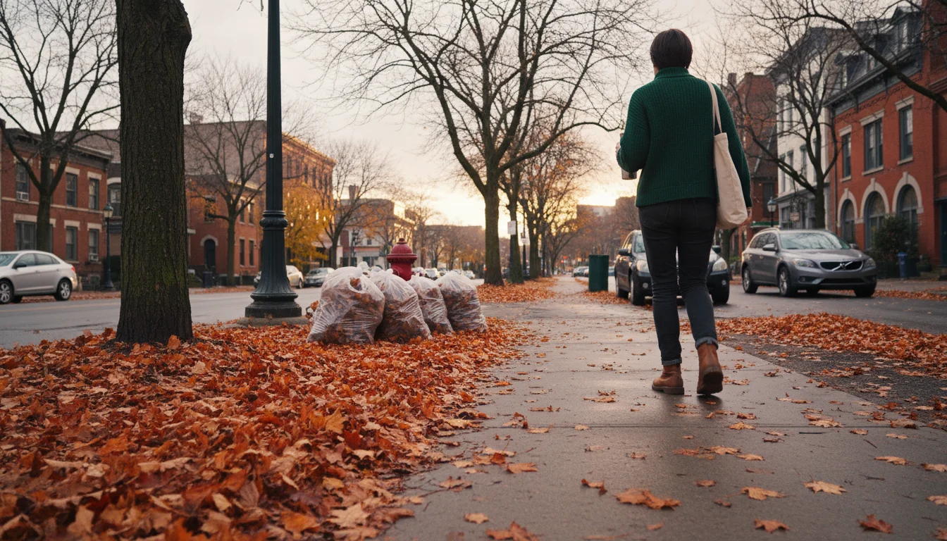 Urban street scene in autumn with dry leaves on sidewalk, municipal leaf bags on curb, and a person walking by.