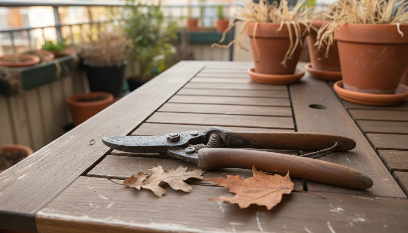 Close-up of used hand pruners with dried sap and soil, on a wooden table with leaves, suggesting end-of-season garden tools.