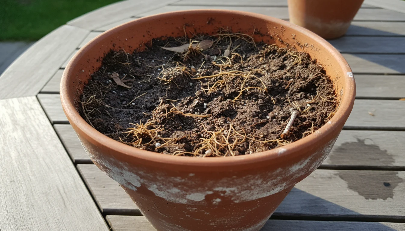 Used potting soil in a terracotta pot, showing faint white mold and a tiny fungus gnat on the surface, indicating potential issues.