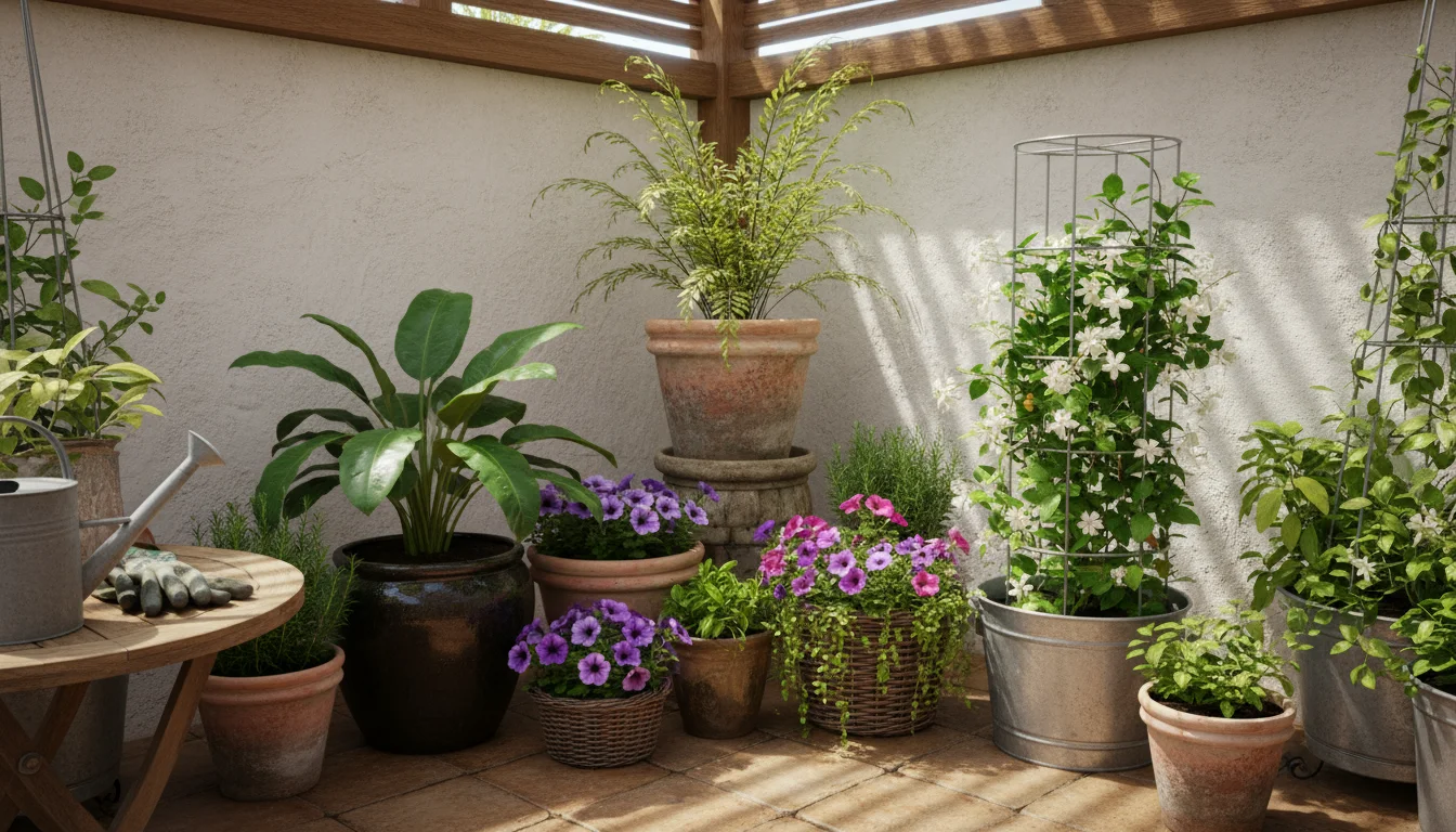 Varied container garden on a patio corner. Tall plant on a stand, mid-height broad-leaf, and low trailing plant showcase height and texture contrast.