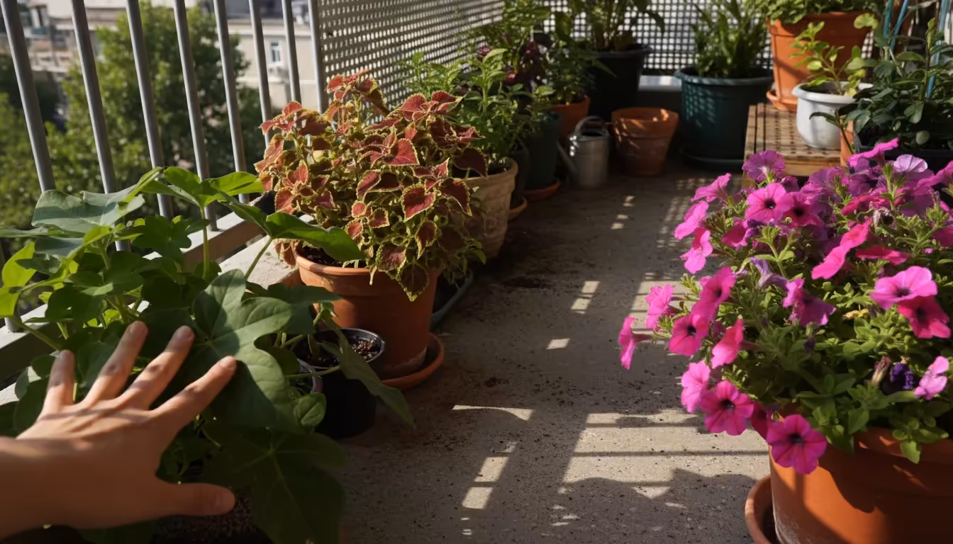 Close-up of varied container plants on a sunny balcony with a hand assessing a leafy green's light needs.