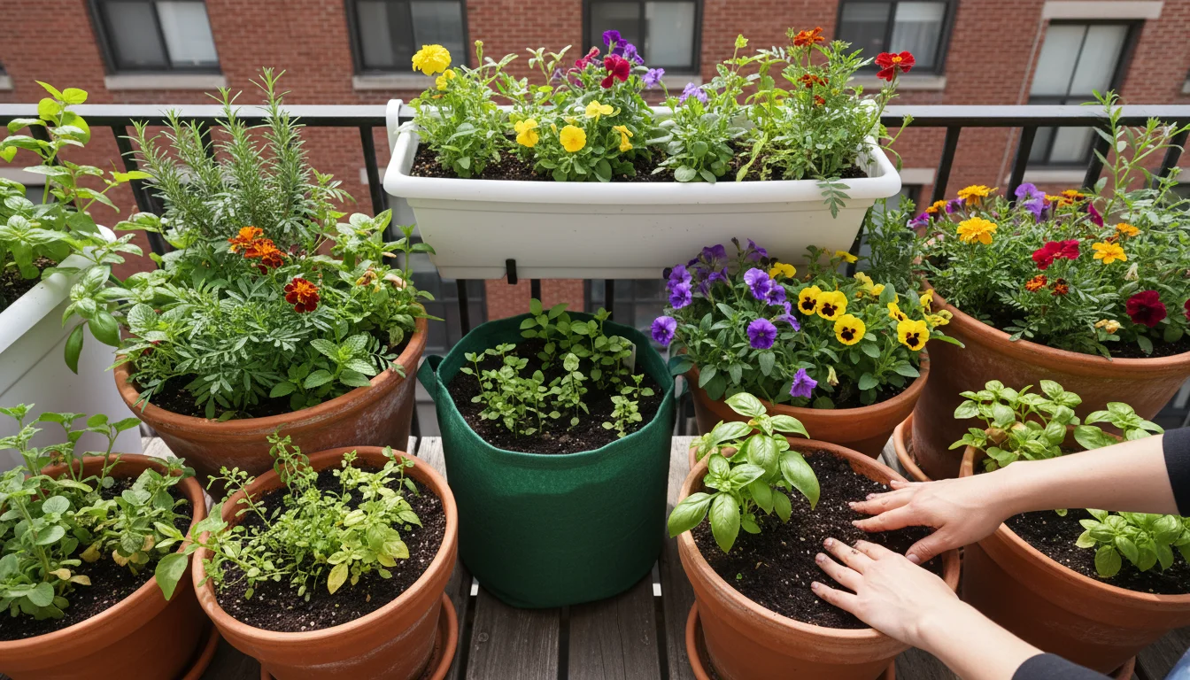 Elevated shot of varied container plants on an urban balcony. Hands gently touch soil amidst healthy and subtly stressed plants.