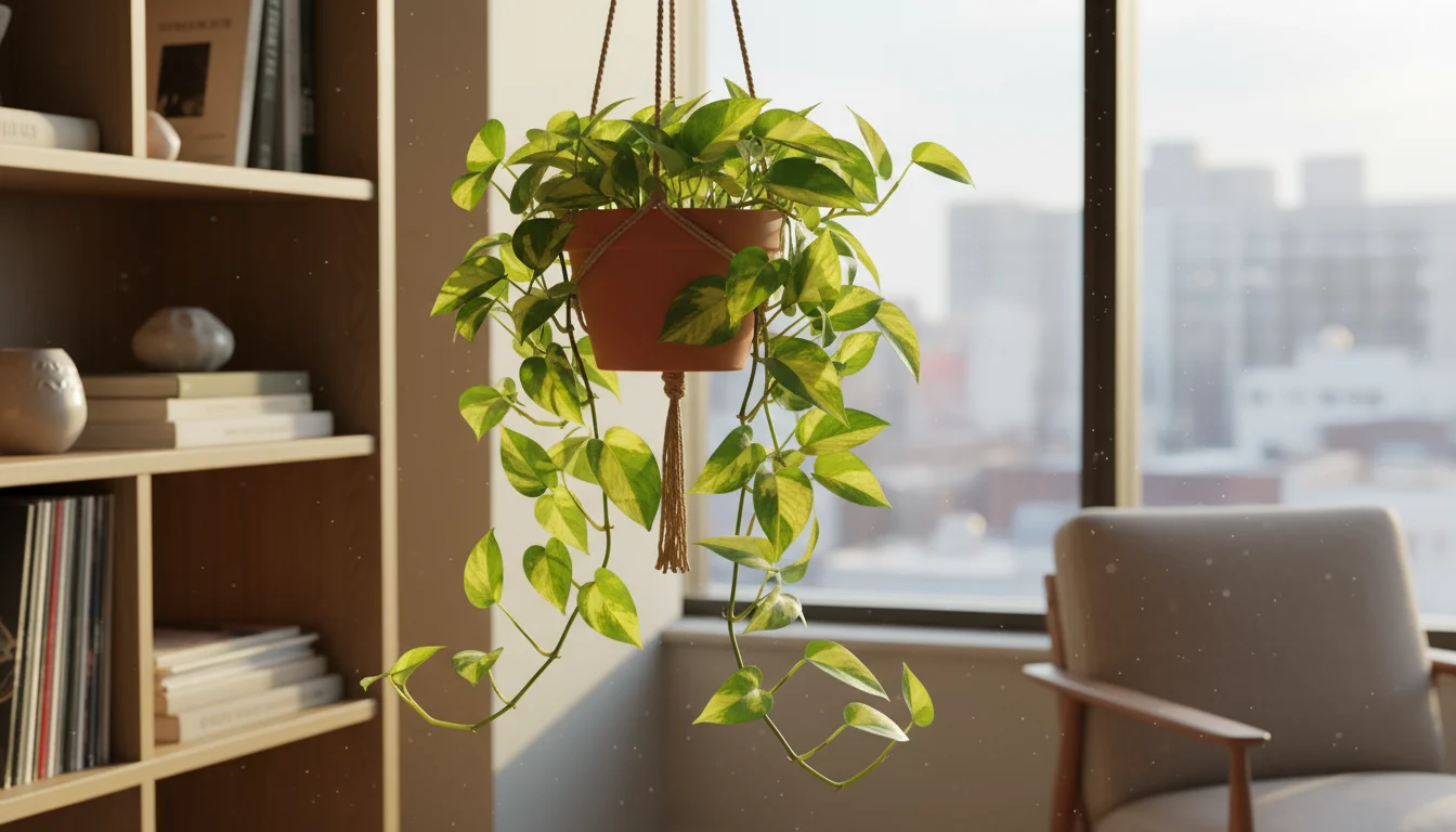 Variegated Pothos in a hanging terracotta pot, its long green and yellow vines trailing over a light bookshelf in an apartment.