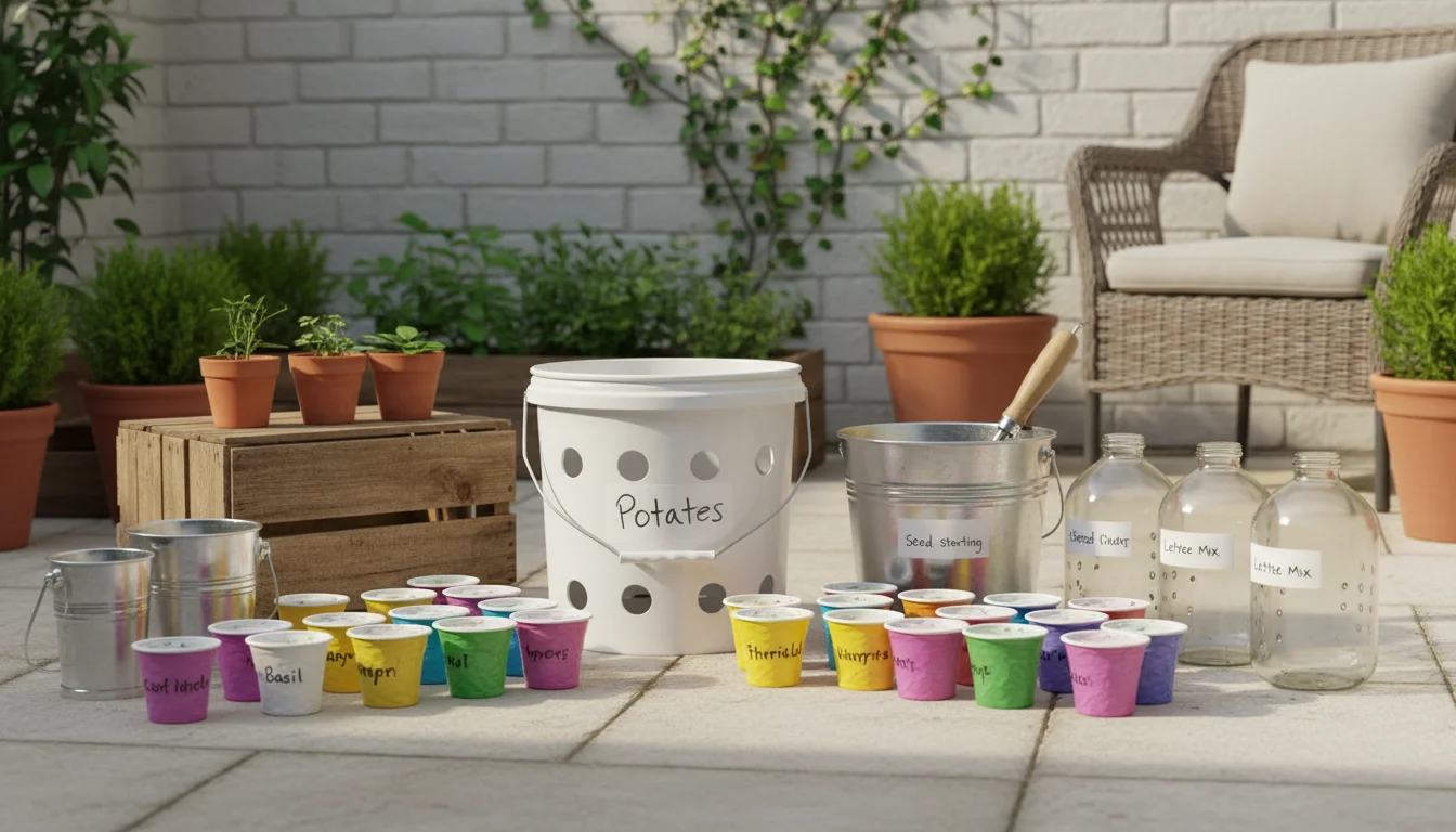 Variety of clean, upcycled containers like a labeled 5-gallon bucket, yogurt cups, and milk jugs arranged on a patio, ready for small-space gardening.