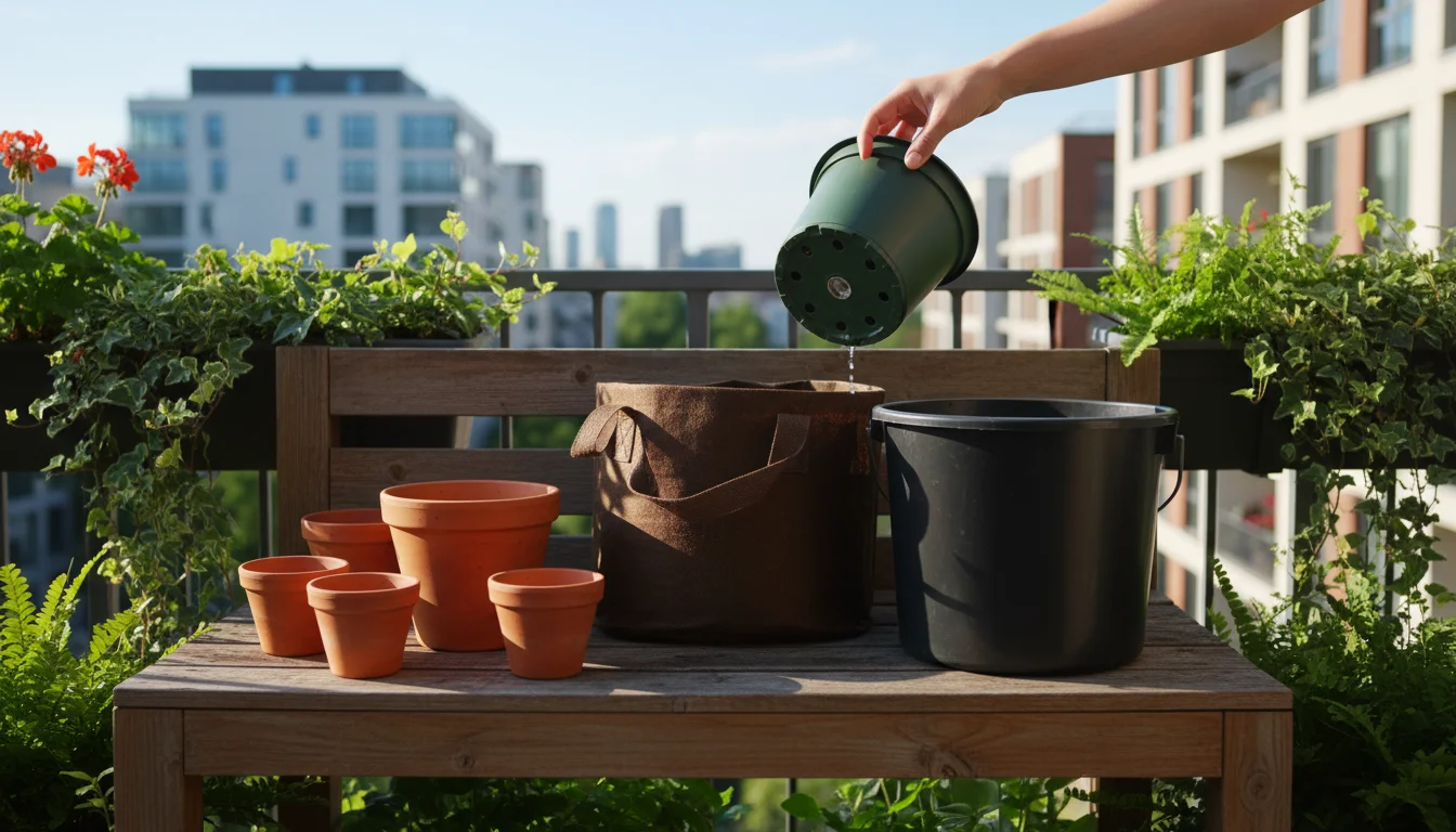 Variety of empty garden containers on a wooden bench, including small terracotta, fabric grow bag, and plastic pots, with a hand showing drainage hole