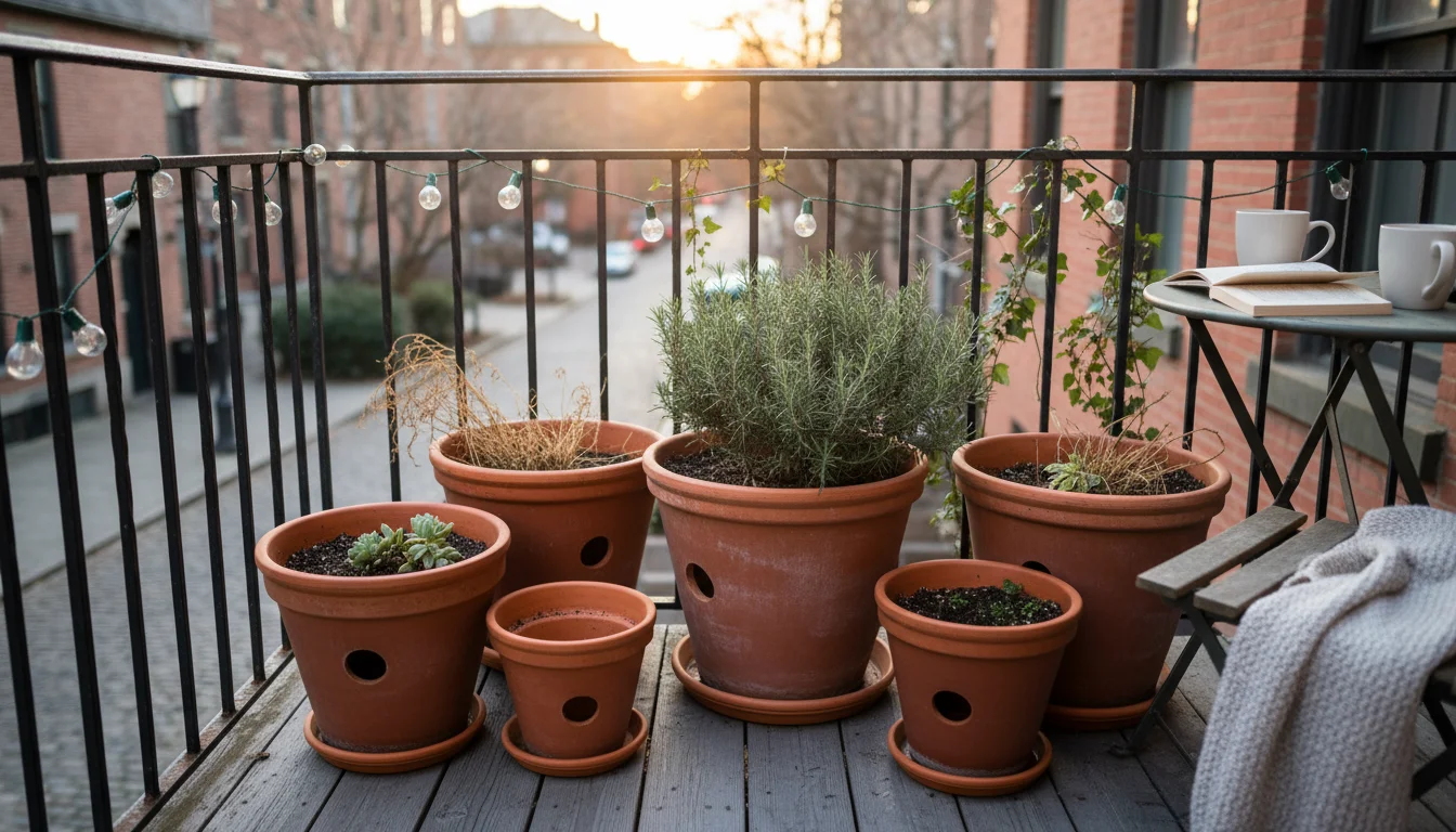 A variety of empty terracotta pots and one containing rosemary sit on a weathered balcony deck, ready for fall planting.