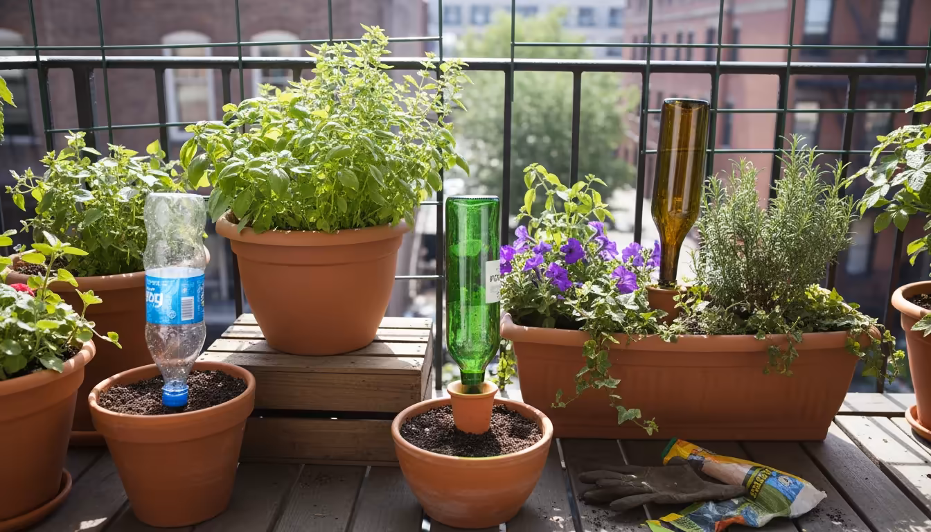 Variety of inverted water and wine bottles, some with terracotta spikes, providing drip irrigation in a vibrant balcony container garden.