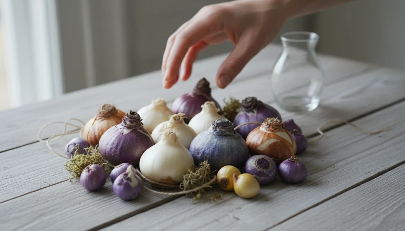 A variety of light-colored, unplanted forcing bulbs, including paperwhites and hyacinths, resting on a pale wooden table, with a hand hovering over th